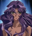  90s artist_request blue_background collarbone expressionless green_eyes himemiya_anthy long_hair purple_hair shoujo_kakumei_utena solo 