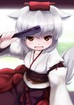  alternate_costume animal_ears blush collarbone detached_sleeves fan hat highres inubashiri_momiji japanese_clothes md5_mismatch obi open_mouth sash solo tail touhou tsubasa_(abchipika) white_hair wolf_ears wolf_tail yellow_eyes 