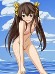  blush breasts brown_hair green_eyes hand_on_own_knee highres huang_lingyin infinite_stratos knees long_hair looking_at_viewer medium_breasts mei_ichi nipples nude ocean pussy smile solo thighs twintails 