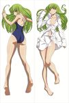  1girl ass back bad_feet bare_legs bare_shoulders barefoot blush breasts c.c. cleavage code_geass code_geass_lelouch_of_the_rebellion collarbone dakimakura dress_shirt feet gold_eyes green_hair kneepits legs long_hair looking_at_viewer looking_back lying meimi_k naked_shirt navel no_bra no_panties on_back on_stomach one-piece_swimsuit open_clothes open_shirt parted_lips shirt smile soles swimsuit toes white_shirt yellow_eyes 
