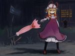  blonde_hair closed_umbrella collarbone hat hat_ribbon juraki_hakuaki open_mouth puffy_sleeves purple_eyes ribbon road_sign short_hair short_sleeves sign smile solo standing stone_lantern touhou umbrella yakumo_yukari 