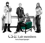  berserker_(fate/zero) chair chaps cigarette crimo csi easy_chair eyepatch fate/stay_night fate/zero fate_(series) highres kayneth_el-melloi_archibald kotomine_kirei labcoat lancelot_(fate/zero) long_hair male_focus matou_kariya multiple_boys parody spot_color sweater 