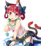  alternate_costume alternate_hairstyle animal_ears bad_id bad_pixiv_id badge bare_shoulders black_legwear blush bow bra braid breasts casual cat_ears cat_tail checkered checkered_floor contemporary covered_nipples extra_ears food groin hair_bow hair_rings hot jewelry kaenbyou_rin konata_gazel looking_at_viewer medium_breasts multiple_tails necklace open_mouth panties pink_panties popsicle red_eyes red_hair see-through shorts sitting skull solo sweat tail thighhighs touhou twin_braids unbuttoned underwear wet wet_clothes 