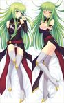  1girl bare_shoulders blush boots breasts breasts_outside c.c. code_geass code_geass_lelouch_of_the_rebellion crossed_arms dakimakura gold_eyes green_hair high_heel_boots high_heels legs long_hair looking_at_viewer lying nipples on_back panties sayori thigh_boots thighhighs underwear uniform yellow_eyes 