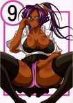  1girl bleach dark_skin glasses kairanban large_breasts panties ponytail purple_hair shihouin_yoruichi smile solo 