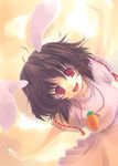  animal_ears bad_id bad_pixiv_id black_hair bunny_ears carrot carrot_necklace dutch_angle inaba_tewi jewelry looking_at_viewer necklace okotan_(dewdrops) open_mouth outstretched_arms pendant red_eyes short_hair short_sleeves smile solo touhou 
