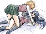  black_hair blonde_hair blue_bow blush bow bowtie futari_wa_precure long_hair misumi_nagisa multiple_girls nekoyanagi_matasaburou precure school_uniform short_hair striped striped_bow striped_neckwear verone_gakuin_school_uniform yukishiro_honoka yuri 