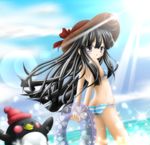  ass bikini bird black_eyes black_hair emil_chronicle_online highres innertube long_hair looking_back penguin striped striped_bikini striped_swimsuit swimsuit taku_(punitaku) 