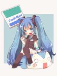  aqua_eyes aqua_hair bad_id bad_pixiv_id blush employee_uniform familymart fang food food_on_face hatsune_miku ichigomilk7 long_hair name_tag necktie open_mouth sitting skirt solo thighhighs twintails uniform very_long_hair vocaloid 