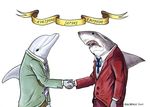  anthro cetacean clothing dolphin fish great_white_shark hand hands handshake mammal marine plain_background ryanberkley shark suit white_background 