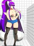  1girl artist_request bikini bikini_top black_legwear breasts denim denim_shorts eiken hand_on_hip huge_breasts large_breasts long_hair misono_kirika nipples ponytail purple_eyes purple_hair short_shorts shorts smile strap_pull swimsuit thighhighs toilet urinal very_long_hair 