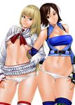  bare_shoulders blonde_hair blue_eyes breasts brown_eyes brown_hair cleavage crop_top elbow_gloves fingerless_gloves frills gloves halter_top halterneck kazama_asuka large_breasts lili_(tekken) locked_arms long_hair lowleg lowleg_panties microskirt midriff multiple_girls navel no_bra no_pants panties panty_pull revealing_clothes short_hair skirt smile strapless tekken thighhighs tubetop underboob underwear unzipped white_panties zonda_(solid_air) 