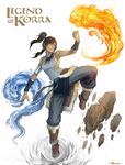  aerokinesis armpits avatar_(series) bare_shoulders blue_eyes breasts brown_hair copyright_name dark_skin earth_(element) element_bending fire hair_tubes highres kazeco korra long_hair medium_breasts ponytail pyrokinesis rock sleeveless solo the_legend_of_korra topknot water wind 