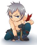  ammunition_belt armband bad_id bad_pixiv_id blue_eyes boots bryan_fury chibi faye_(yuiko055) lowres male_focus one_knee scar shirtless shotgun_shells silver_hair solo tekken thigh_strap 