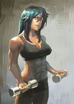  abs aro_(charged_time_out) bad_id bad_pixiv_id blue_hair breasts cleavage covered_nipples crop_top dumbbell long_hair medium_breasts muscle muscular_female original purple_eyes solo weightlifting weights 