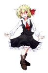  blonde_hair blouse blush boots bow full_body hair_ribbon hiro_(pqtks113) looking_at_viewer open_mouth outstretched_arms red_eyes ribbon rumia shirt short_hair skirt skirt_set smile solo standing touhou transparent_background 