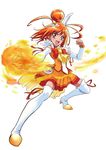  bike_shorts boots bow bowtie brooch choker clenched_hands cure_sunny fire foreshortening full_body hair_bun highres hino_akane_(smile_precure!) jewelry magical_girl orange_(color) orange_choker orange_hair orange_neckwear orange_skirt ponsuke precure red_eyes red_shorts short_hair shorts shorts_under_skirt skirt smile smile_precure! solo thigh_boots thighhighs white_background 