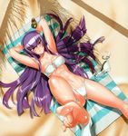  absurdres anklet armpits arms_up bandeau bare_legs bare_shoulders barefoot beach bikini blue_eyes bottle breasts busujima_saeko cleavage feet foreshortening highres highschool_of_the_dead jewelry leg_lift long_hair looking_at_viewer lotion_bottle lying medium_breasts navel on_back purple_hair satou_shouji scan shadow shiny shiny_skin shoes_removed smile soles solo swimsuit toes towel underboob very_long_hair white_bikini 