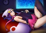  bare_shoulders bean_bag_chair beanie between_legs black_legwear blue_eyes blue_hair hair_ornament hat hikari_(pokemon) ian_chase long_hair lying miniskirt on_back panties panties_around_one_leg pokemon pokemon_(game) pokemon_hgss scarf single_thighhigh skirt solo thighhighs underwear 