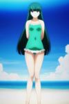  1girl beach blue_eyes green_hair hagure_yuusha_no_estetica highres kirimoto_kuzuha loli ocean sand screencap sea sky stitched swimsuit 