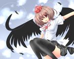  brown_hair clouds feathers hat kira0222 red_eyes ribbons shameimaru_aya short_hair skirt sky thighhighs touhou upskirt wings wink zettai_ryouiki 