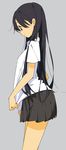  black_hair dress_shirt highres long_hair original shimano shirt shirt_pull skirt smile solo 