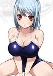  bare_shoulders blue_hair breasts cleavage copyright_request grin huge_breasts lips looking_at_viewer miyamoto_issa one-piece_swimsuit red_eyes smile solo spread_legs swimsuit wet 