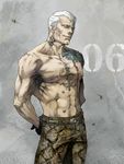  33_(bell12) abs android arms_behind_back bad_id bad_pixiv_id belt blue_hair bryan_fury bullet_hole gloves grey_background male_focus muscle number pants scar shirtless snakeskin_print tattoo tekken white_hair 