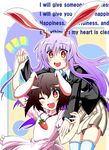 animal_ears black_hair blouse blush bunny_ears carrot carrot_necklace english holding holding_hair inaba_tewi jewelry lavender_hair long_hair long_sleeves looking_at_viewer multicolored multicolored_eyes multiple_girls necklace one_eye_closed open_mouth pendant reisen_udongein_inaba short_hair short_sleeves skirt smile thighhighs touhou train_90 very_long_hair vest 