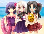  ball beach black_hair blue_eyes boru-boru child empty_eyes fate/zero fate_(series) hair_ribbon illyasviel_von_einzbern innertube long_hair matou_sakura multiple_girls purple_eyes purple_hair red_eyes ribbon short_hair swimsuit toosaka_rin twintails water_gun white_hair younger 