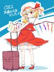  blonde_hair blush flandre_scarlet full_body hat highres mary_janes red_eyes serin shoes short_hair side_ponytail simple_background skirt skirt_set smile socks solo suitcase touhou white_legwear wings 