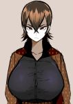  1girl breasts brown_eyes brown_hair esouko genderswap genderswap_(mtf) hair_between_eyes highres hikawa_(shin_megami_tensei_iii:_nocturne) huge_breasts shin_megami_tensei_iii:_nocturne short_hair simple_background sketch solo 