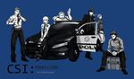  4boys artoria_pendragon_(all) badge bazett_fraga_mcremitz beard blue_background car crimo csi emiya_kiritsugu facial_hair fate/hollow_ataraxia fate/stay_night fate/zero fate_(series) ford ground_vehicle lancer lancer_(fate/zero) monochrome motor_vehicle multiple_boys multiple_girls necktie one_eye_closed parody police police_car police_uniform rider_(fate/zero) saber salute simple_background uniform 