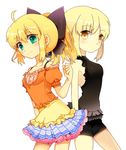  ahoge arnoul artoria_pendragon_(all) bad_id bad_pixiv_id bare_shoulders blonde_hair bow casual dark_persona dress dual_persona fate/stay_night fate/unlimited_codes fate_(series) frills green_eyes hair_bow long_hair lowres multiple_girls ponytail saber_alter saber_lily yellow_eyes 