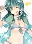  ;q bad_id bad_pixiv_id bikini breasts frog_hair_ornament front-tie_top green_eyes green_hair hair_ornament highres kochiya_sanae koyuri_shouyu medium_breasts navel one_eye_closed sketch solo star star-shaped_pupils swimsuit symbol-shaped_pupils tongue tongue_out touhou v 