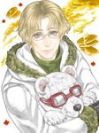  axis_powers_hetalia blonde_hair blue_eyes canada_(hetalia) coat fur_trim glasses goggles looking_at_viewer male_focus object_hug parka smile solo sorainu_(tegaki) stuffed_animal stuffed_toy teddy_bear winter_clothes 