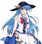  bare_shoulders blue_hair food fruit hat hinanawi_tenshi long_hair peach red_eyes sesield shirt sleeveless sleeveless_shirt solo tongue touhou transparent_background 