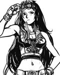  bare_shoulders breasts cleavage crop_top fingerless_gloves genderswap genderswap_(mtf) gloves goggles goggles_on_head greyscale hand_on_hip hwoarang_(tekken) jewelry long_hair medium_breasts monochrome navel_piercing necklace piercing raised_eyebrow sheep_(yangdor) solo tekken very_long_hair 