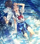  1girl ^_^ back-to-back blue blue_hair book bow bowtie closed_eyes clothes_around_waist cloud dappled_sunlight flip-flops from_above hand_on_forehead highres hose jacket_around_waist laughing long_hair md5_mismatch minami_seira open_mouth original partially_submerged pool reading reflection ripples sandals school_uniform shirt sitting sky sleeves_pushed_up summer sunlight tree_shade twintails water wet 