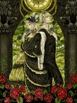  1girl back-to-back blonde_hair blue_eyes blue_flower blue_rose brother_and_sister column dress flower from_side gargoyle gothic holding holding_flower holding_hands interlocked_fingers kagamine_len kagamine_rin pillar pocket_watch red_flower red_rose rococo rose short_hair siblings smelling_flower sorainu_(tegaki) tegaki twins vest vocaloid waistcoat watch 