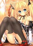  :3 absurdres animal_ears bare_shoulders black_legwear blonde_hair blue_eyes borrowed_character breasts cleavage detached_sleeves fang fox_ears fox_tail gothic_lolita hair_ribbon highres kasumi_toshizou lolita_fashion long_hair original ribbon sitting small_breasts smile solo strap_slip tail thighhighs wataru_(zazazazazazawa) 