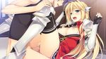  1girl armor blonde_hair blood blue_eyes blush breasts censored elcia_harvence game_cg hetero koikishi_purely_kiss large_breasts long_hair mosaic_censoring nipples open_mouth penis sex short_hair smile thighhighs vaginal virgin yuuki_hagure 