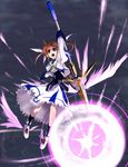  bad_id bad_pixiv_id brown_hair dress fingerless_gloves gloves hair_ribbon highres left-handed lyrical_nanoha magical_girl mahou_shoujo_lyrical_nanoha mahou_shoujo_lyrical_nanoha_a's mahou_shoujo_lyrical_nanoha_the_movie_2nd_a's open_mouth purple_eyes raising_heart ribbon short_twintails solo staff starlight_breaker takamachi_nanoha twintails wagashi_(okashina) wings 