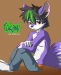 canine clothing dog eldiman fur green_hair hair husky looking_at_viewer male mammal name_tag pants purple purple_fur red_eyes sitting solo tokami topless underwear white_fur young 