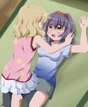  blonde_hair blue_hair blush braid breasts brown_eyes furutani_himawari leggings medium_breasts multiple_girls oomuro_sakurako shishinon yuru_yuri 