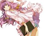  :&lt; aqua_panties bad_id bad_pixiv_id book bouryoku_koguma cloak dress dutch_angle frills hair_ribbon hat holding long_hair looking_away panties pantyshot patchouli_knowledge purple_eyes purple_hair ribbon short_dress side-tie_panties solo striped striped_dress touhou tress_ribbon underwear white_background 