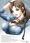 bodysuit breasts brown_hair cleavage green_eyes highres huge_breasts jill_valentine kesshoku_mikan large_breasts lips ponytail resident_evil resident_evil_5 solo 