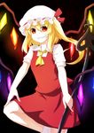  ascot bad_id bad_pixiv_id blonde_hair crystal doseisan_(dosei-san) flandre_scarlet glowing hat hat_ribbon laevatein open_mouth puffy_sleeves red_eyes ribbon sharp_teeth short_hair short_sleeves side_ponytail solo teeth touhou wings 