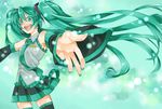  bad_id bad_pixiv_id detached_sleeves floating_hair foreshortening green_eyes green_hair hatsune_miku headset long_hair necktie oekaki-daisuki-dessu open_mouth outstretched_arms skirt solo spread_arms thighhighs twintails very_long_hair vocaloid 