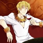  alcohol bad_id bad_pixiv_id blonde_hair bracelet couch cup drinking_glass fate/zero fate_(series) gilgamesh jewelry male_focus necklace niboboshi red_eyes solo wine wine_glass 
